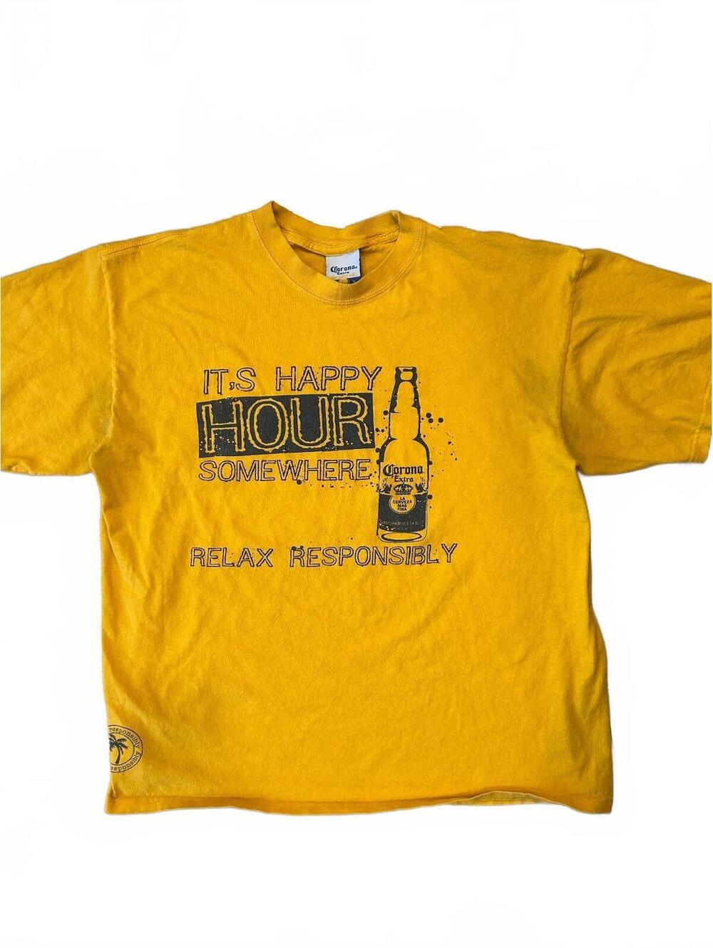 Vintage Corona Beer Happy Hour Graphic T-Shirt Yellow Official Merch